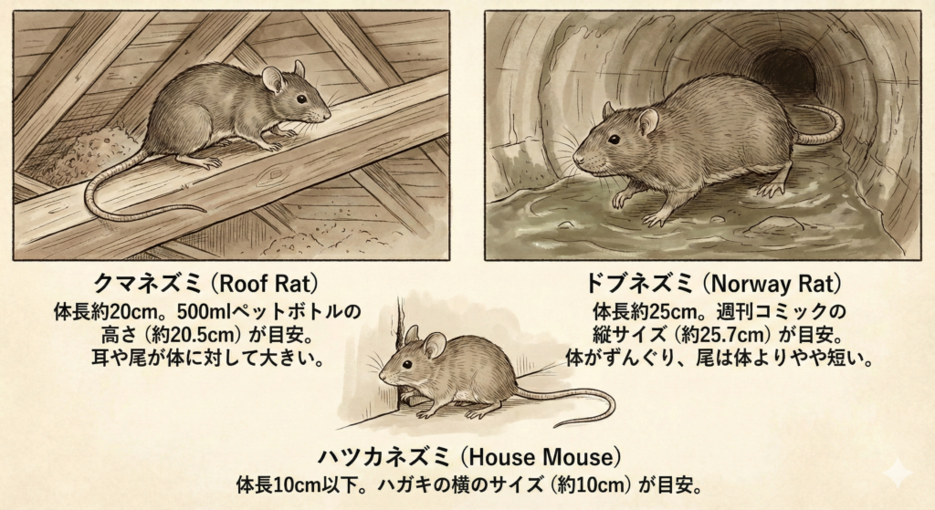 家に出る3種類のネズミ(クマネズミ・ドブネズミ・ハツカネズミ)